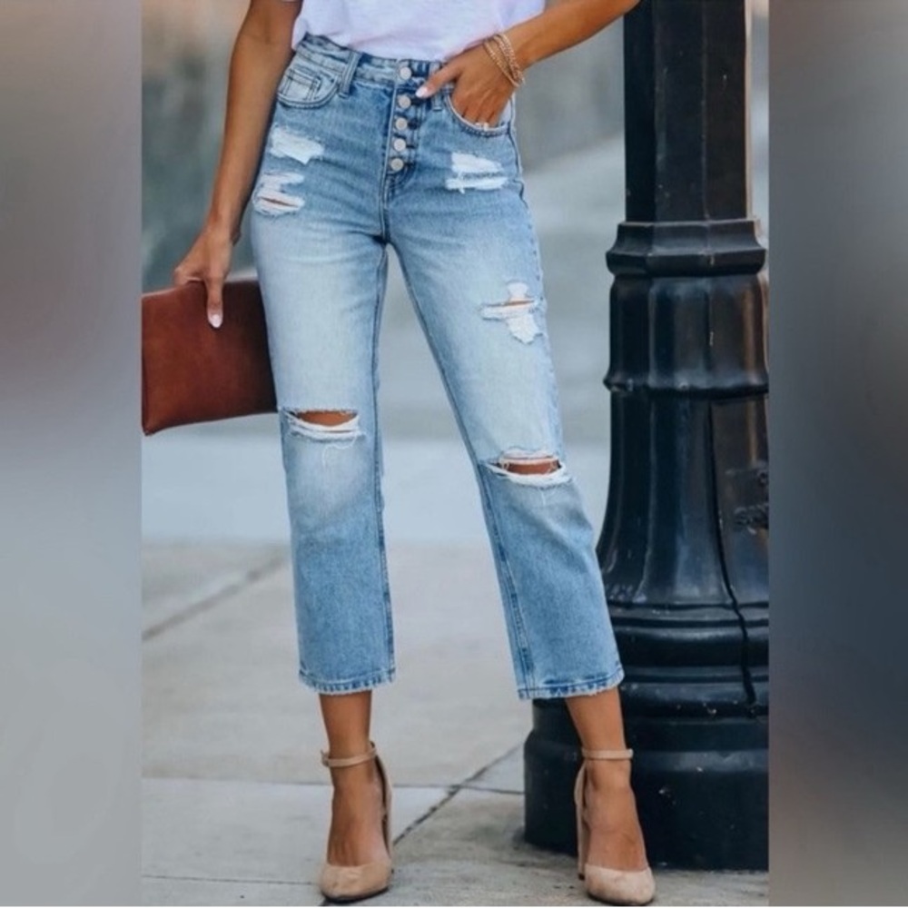 Vervet Belvoir Super High Rise Button Fly Distressed Straight Leg Jeans Size 25